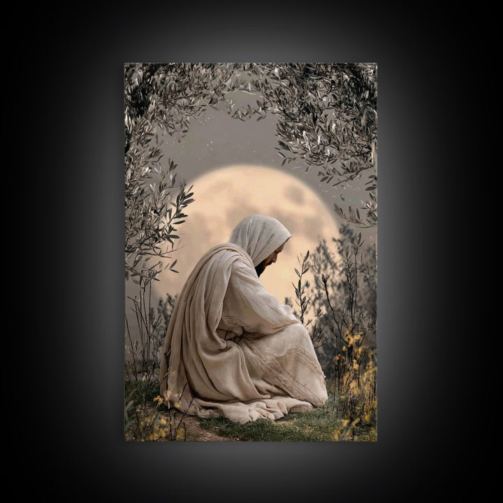 Moonlit Devotion, Framed Canvas Print, Christian Wall Art, Jesus Painting, Moody Christian Art, Christian Art Canvas, Christian Decoration
