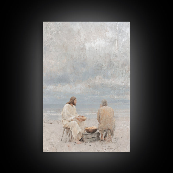 Shoreline Quiet Bread, Framed Canvas Print, Jesus Painting, Christian Wall Art, Christian Art Canvas, Christian Decor, Minimalist Christian