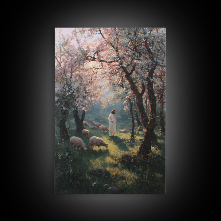 Spring Shepherd Path | Framed Canvas Print | Christian Art Canvas | Christian Wall Art | Jesus Painting | Christian Decor | Pastoral Scener