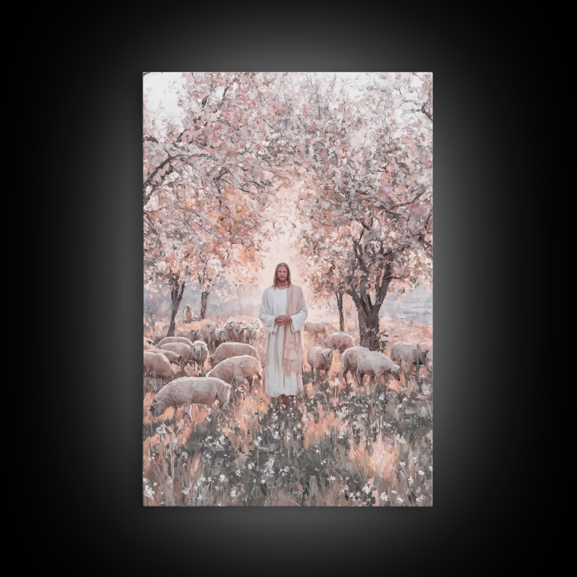 Garden Blossom Shepherd – Framed Canvas Print – Christian Wall Art – Christian Art Canvas – Jesus Painting – Christian Decor – Pastoral Sce