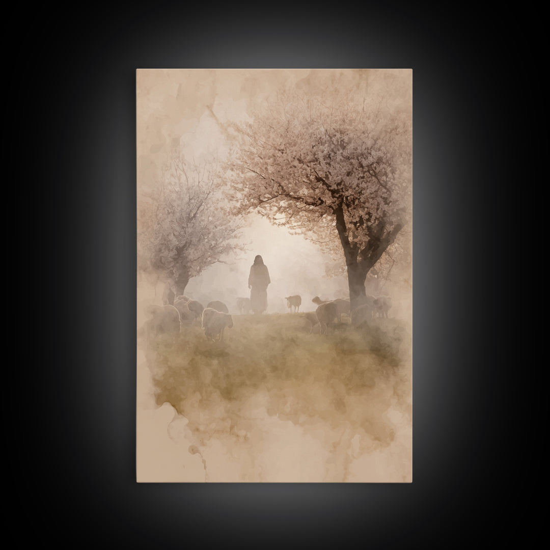 Dawn Shepherd Silhouette | Framed Canvas Print | Christian Wall Art | Christian Art Canvas | Jesus Painting | Subtle Christian Art | Christ