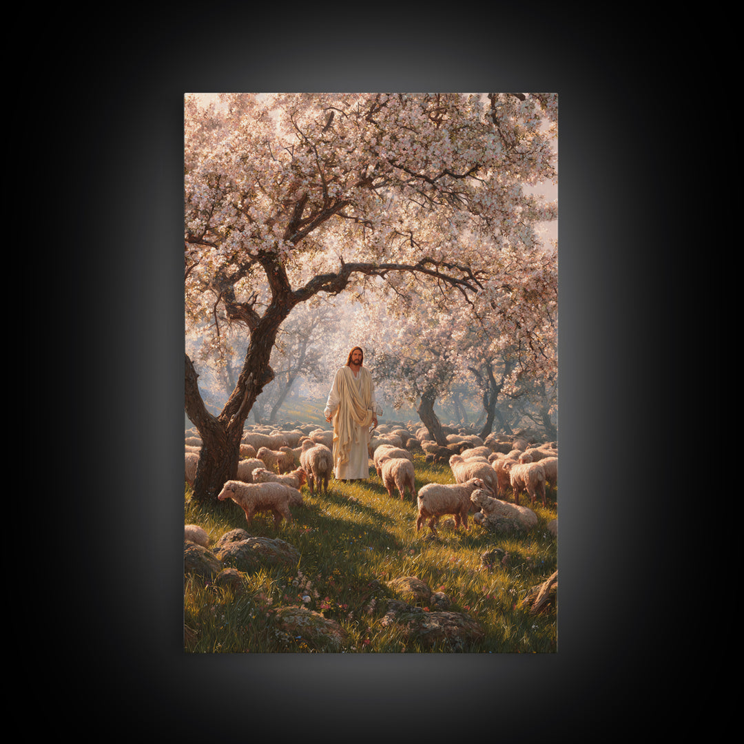 Orchard Flock Light, Framed Canvas Print, Christian Art Canvas, Jesus Painting, Christian Wall Art, Christian Art Prints, Christian Decor,