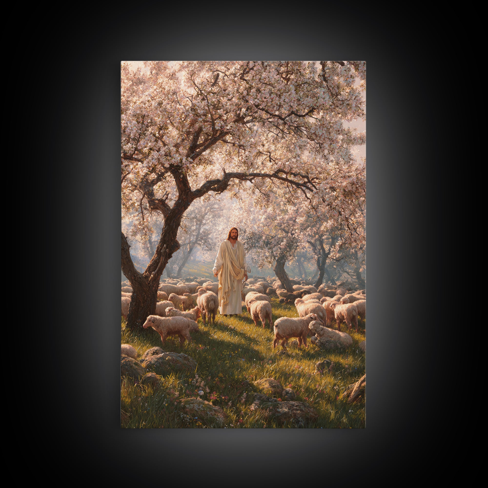 Orchard Flock Light, Framed Canvas Print, Christian Art Canvas, Jesus Painting, Christian Wall Art, Christian Art Prints, Christian Decor,