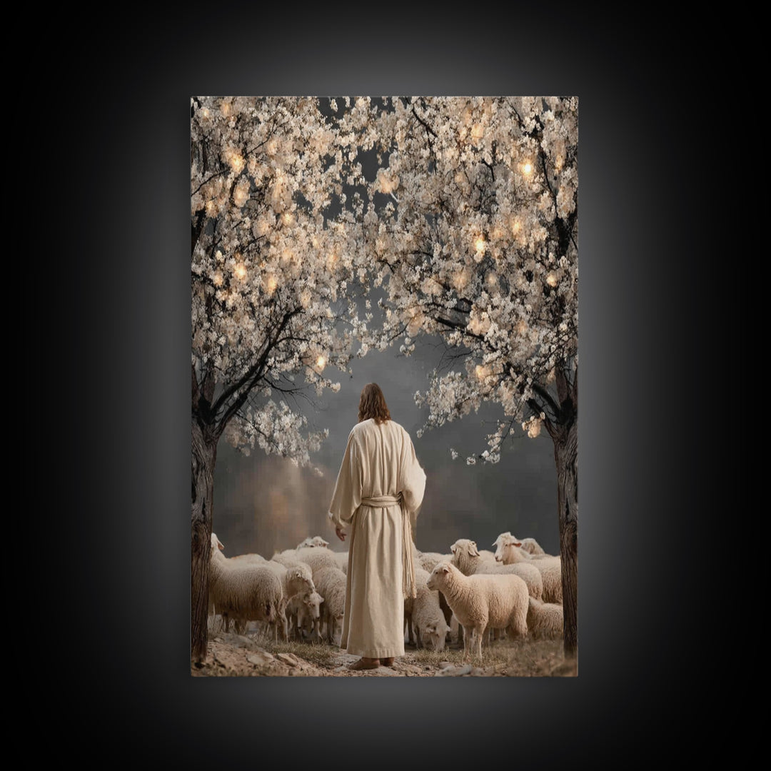 Lantern Blossom Night | Framed Canvas Print | Christian Wall Art | Jesus Painting | Christian Christmas Art | Christian Art Canvas | Moody