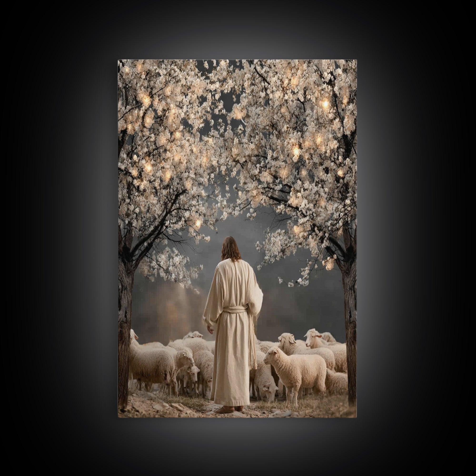 Lantern Blossom Night | Framed Canvas Print | Christian Wall Art | Jesus Painting | Christian Christmas Art | Christian Art Canvas | Moody