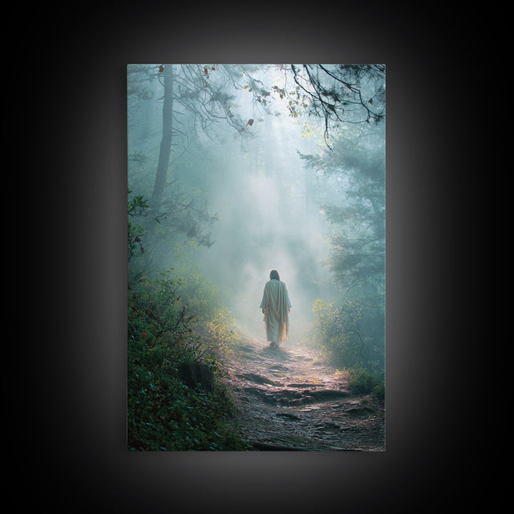 Forest Dawn Walk – Framed Canvas Print – Christian Wall Art – Christian Art Canvas – Jesus Painting – Moody Christian Art – Christian Decor
