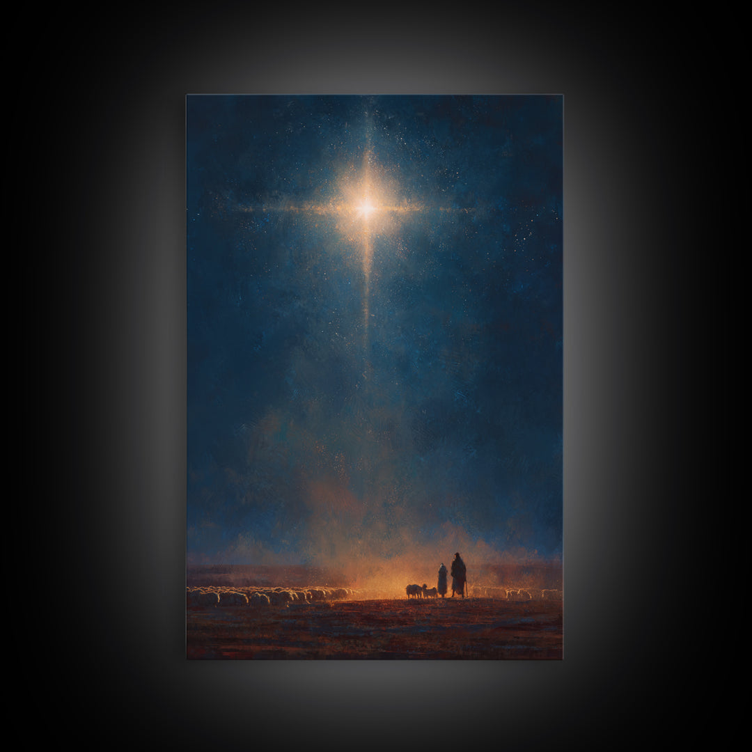 Night Of Glory – Framed Canvas Print – Christmas Wall Art – Christian Art Canvas – Moody Christmas Art – Christian Christmas Art
