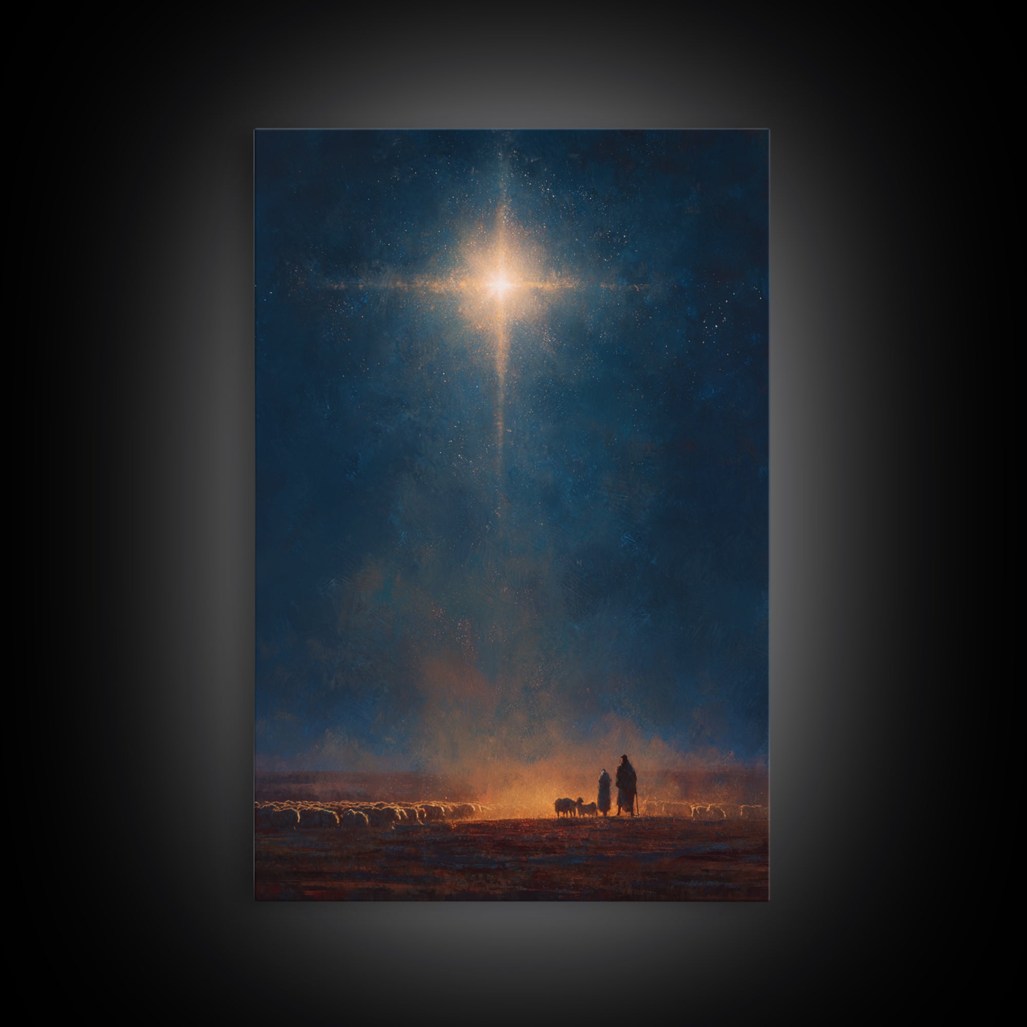 Night Of Glory – Framed Canvas Print – Christmas Wall Art – Christian Art Canvas – Moody Christmas Art – Christian Christmas Art