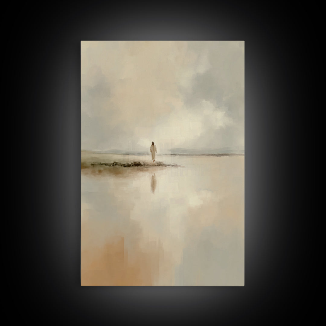 Shoreline Peace Walk - Framed Canvas Print - Christian Art Painting - Jesus Wall Art - Minimalist Christian Art - Christian Christmas Decor