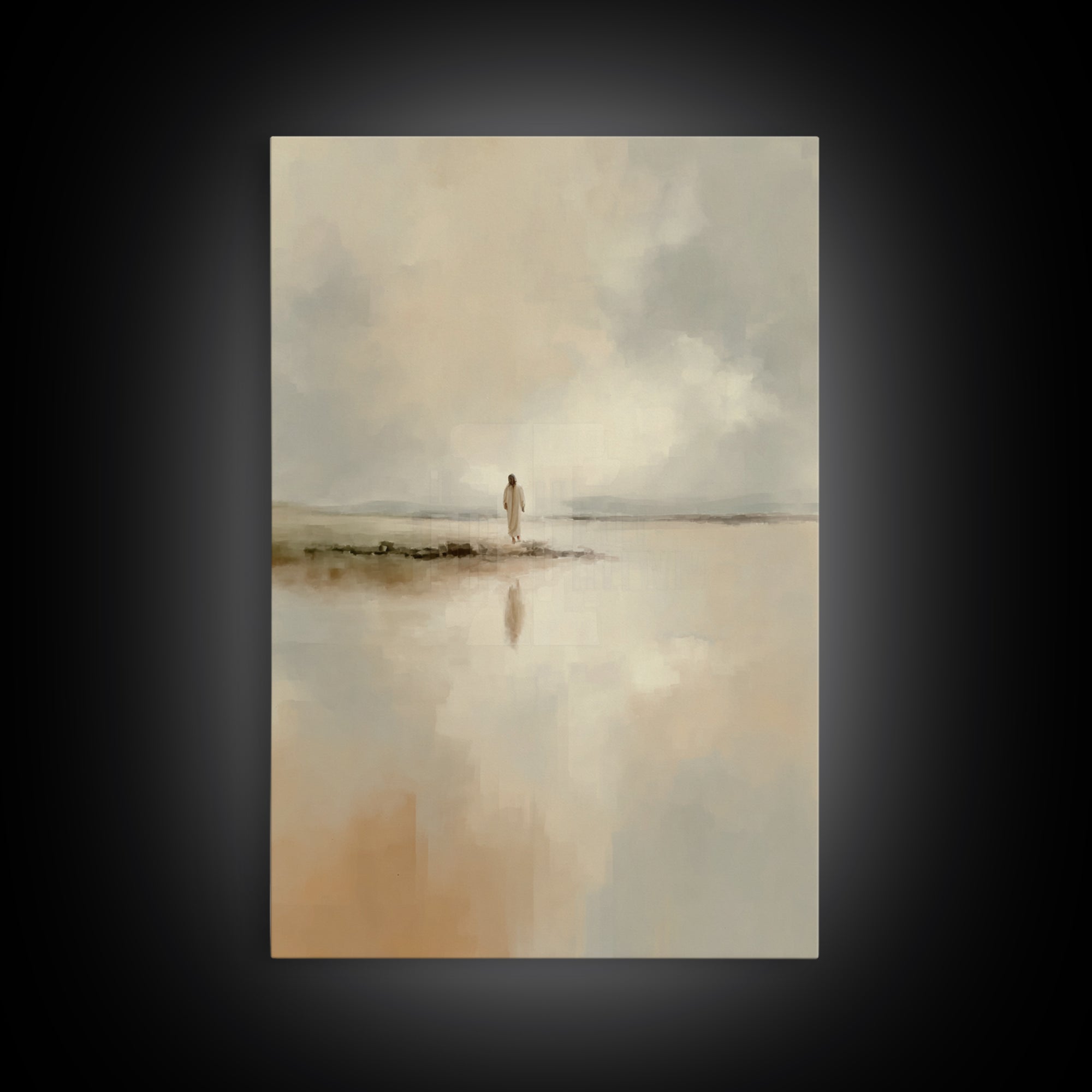 Shoreline Peace Walk - Framed Canvas Print - Christian Art Painting - Jesus Wall Art - Minimalist Christian Art - Christian Christmas Decor