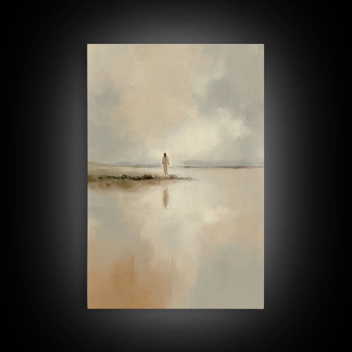 Shoreline Peace Walk - Framed Canvas Print - Christian Art Painting - Jesus Wall Art - Minimalist Christian Art - Christian Christmas Decor