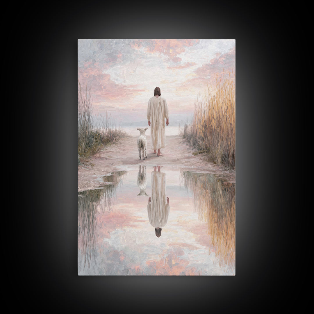 Misty Shepherd Calm, Framed Canvas Print, Christian Wall Art, Jesus Canvas Art, Minimalist Christian Art, Subtle Christian Paintings, Chris