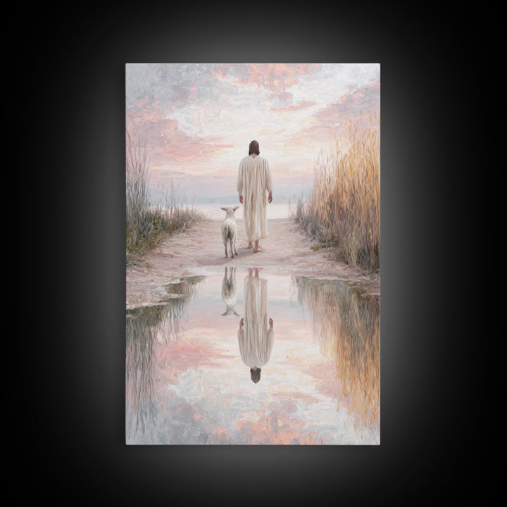 Misty Shepherd Calm, Framed Canvas Print, Christian Wall Art, Jesus Canvas Art, Minimalist Christian Art, Subtle Christian Paintings, Chris