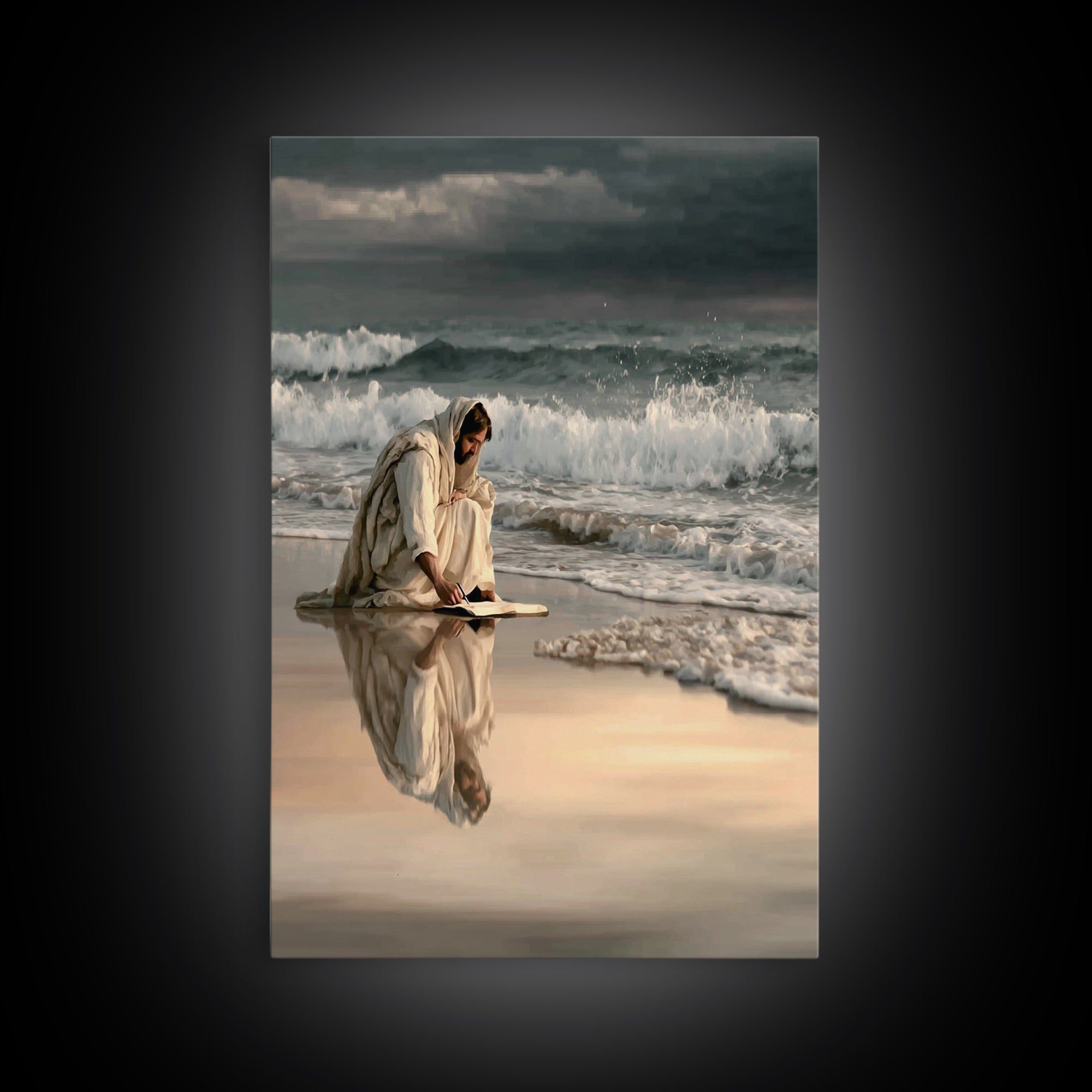 Shoreline Of Rest, Framed Canvas Print, Christian Wall Art, Jesus Painting, Christian Art Canvas, Moody Christian Art, Large Jesus Painting