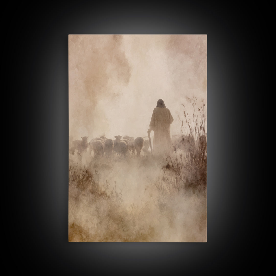 Guiding Shepherd Glow – Framed Canvas Print – Christian Art Work – Jesus Art Print – Christian Wall Art – Minimalist Christian Art