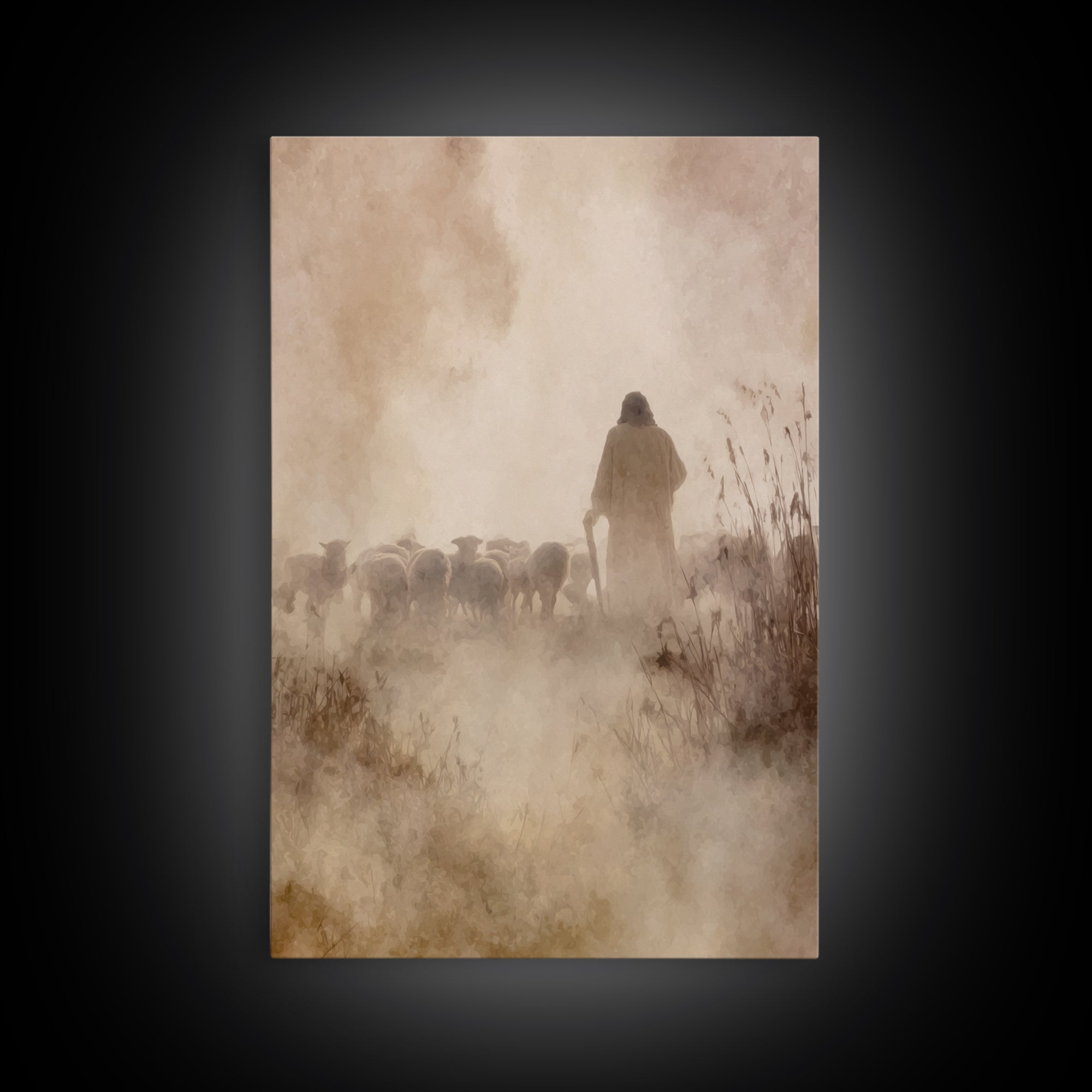 Guiding Shepherd Glow – Framed Canvas Print – Christian Art Work – Jesus Art Print – Christian Wall Art – Minimalist Christian Art