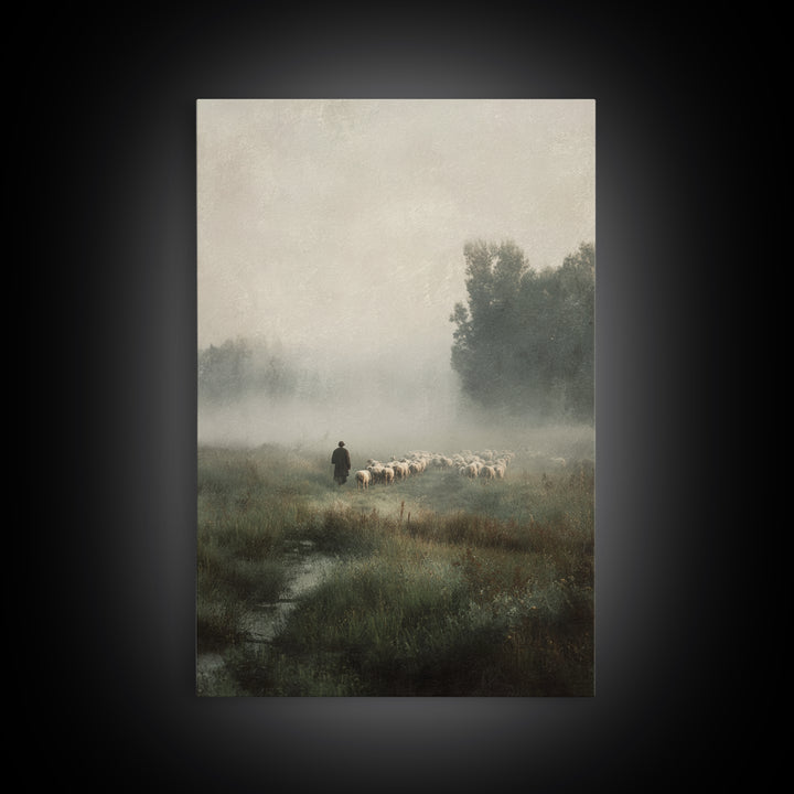 Misty Shepherd Path - Framed Canvas Print - Christian Wall Art - Jesus Painting - Pastoral Scenery - Christian Art Canvas - Faith Art