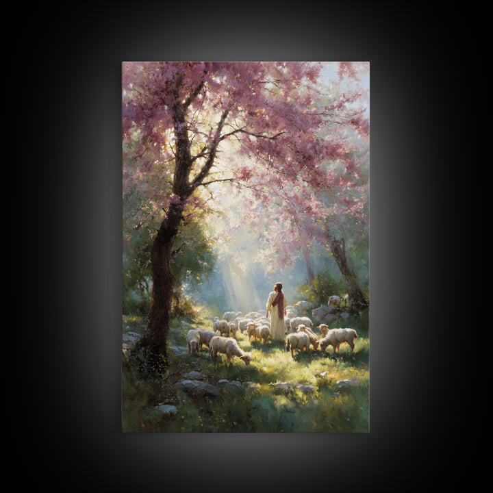 Springtime Shepherd - Framed Canvas Print - Christian Art Canvas - Christian Wall Art - Jesus Painting - Floral Christian Art - Christian D