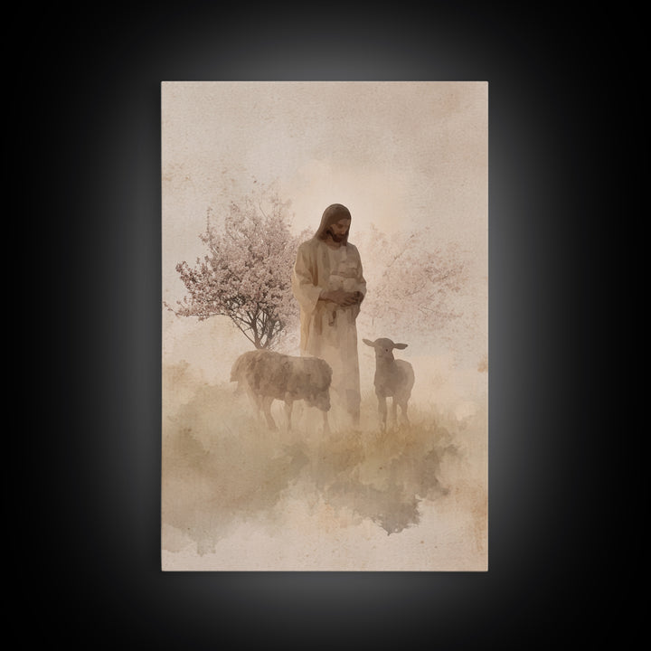 Soft Shepherd Glow - Framed Canvas Print - Christian Art Canvas - Christian Wall Art - Jesus Painting - Minimalist Christian Art - Faith Ar