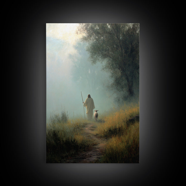 Misty Guide – Framed Canvas Print – Christian Art Canvas – Christian Wall Art – Jesus Painting – Pastoral Scenery – Christian Gift