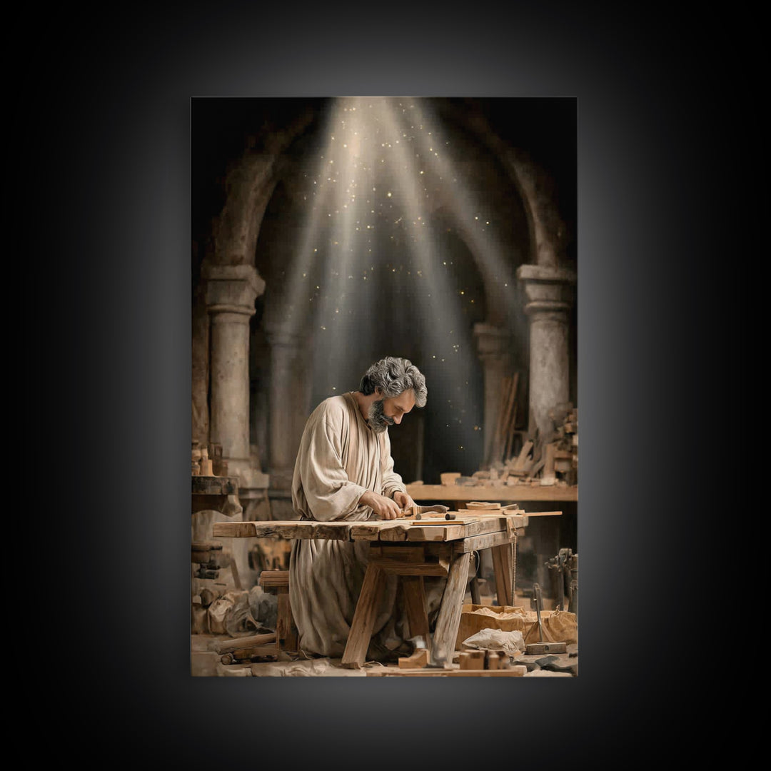 Humble Workshop Light, Framed Canvas Print, Christian Art Canvas, Jesus Painting, Christian Wall Art, Christian Decor, Christmas Art