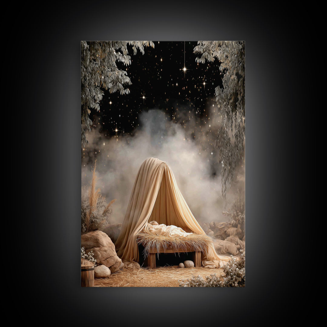 Guiding Star Cradle – Framed Canvas Print – Christian Wall Art – Jesus Painting – Christmas Art – Christian Christmas Decor – Christian Art