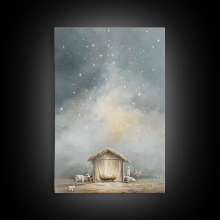 Heavenly Night Shelter – Framed Canvas Print – Christian Wall Art – Christian Christmas Art – Jesus Painting – Modern Christian Art – Chris