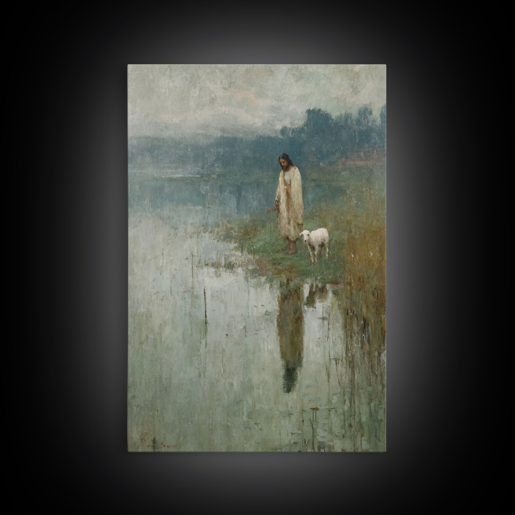 Gentle Lake Shepherd – Framed Canvas Print – Christian Art Canvas – Jesus Painting – Christian Wall Art – Vintage Christian Art – Christian