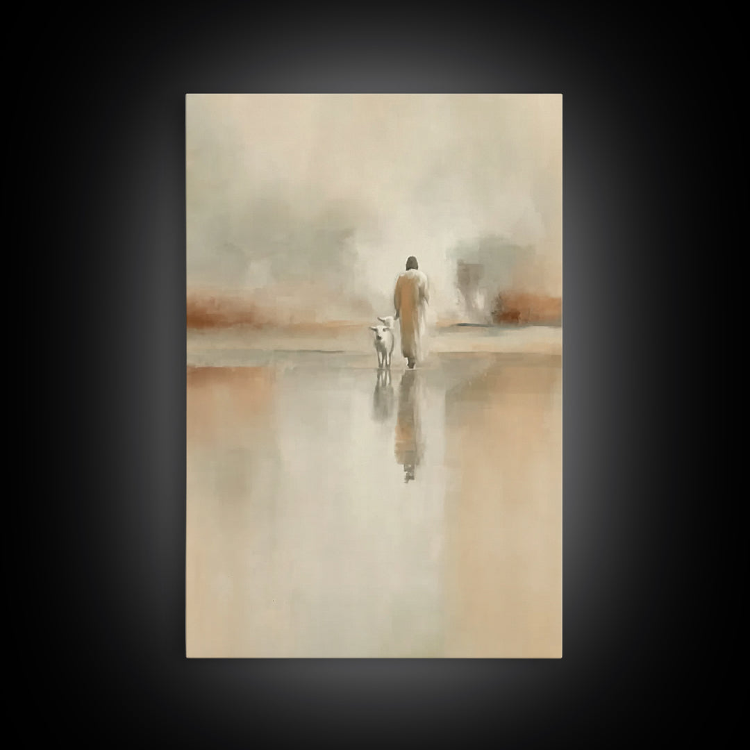 Silent Meadow Walk – Framed Canvas Print – Christian Art Print – Jesus Painting – Modern Christian Art – Pastoral Scenery – Christian Chris