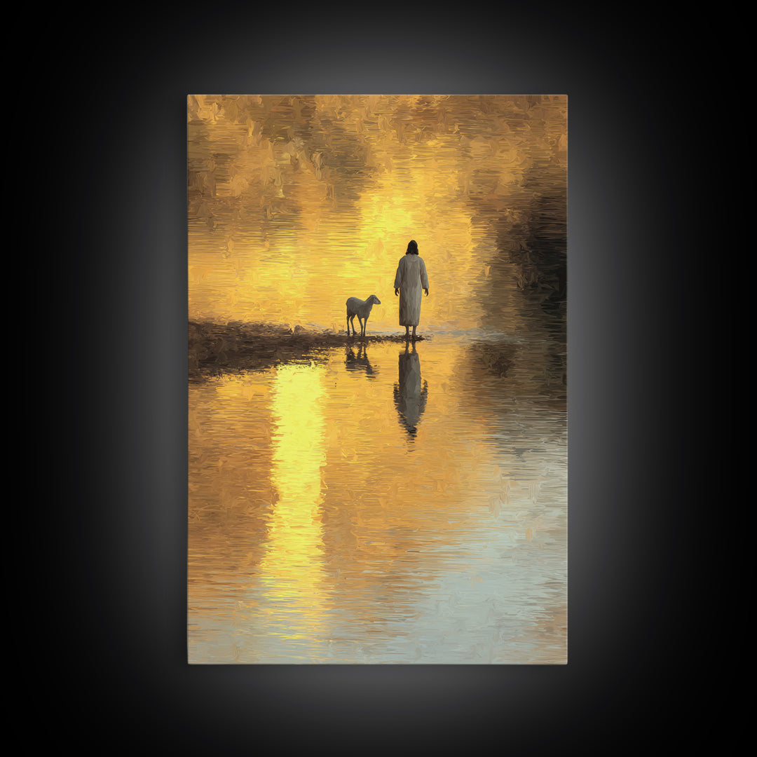 Shepherd’s Dawnlight – Framed Canvas Print – Jesus Painting – Christian Wall Art – Modern Christian Art – Christian Art Canvas – Christmas