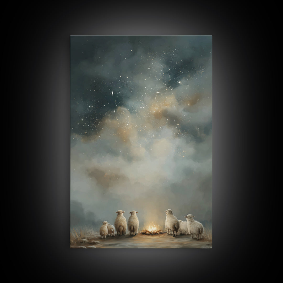 Starry Night Flock – Framed Canvas Print – Christmas Art – Christian Art Canvas – Christian Wall Art – Folk Art Christmas – Christian Chris