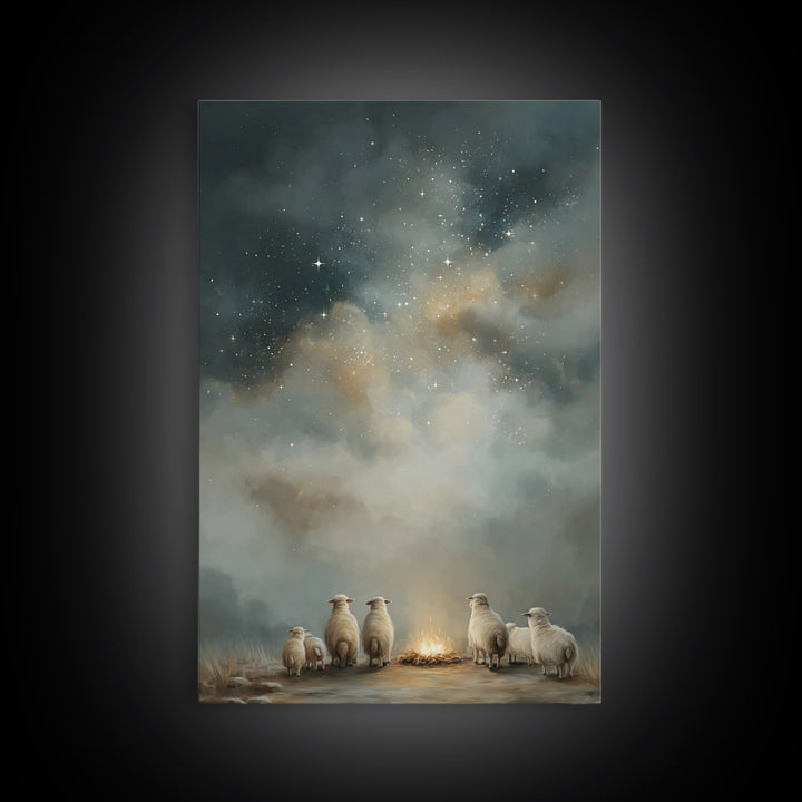 Starry Night Flock – Framed Canvas Print – Christmas Art – Christian Art Canvas – Christian Wall Art – Folk Art Christmas – Christian Chris