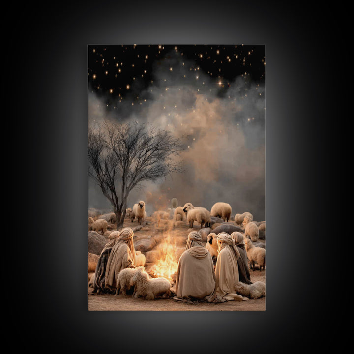 Shepherds By Fire – Framed Canvas Print – Christian Christmas Art – Christian Art Canvas – Christmas Wall Art – Christian Art – Vintage Chr