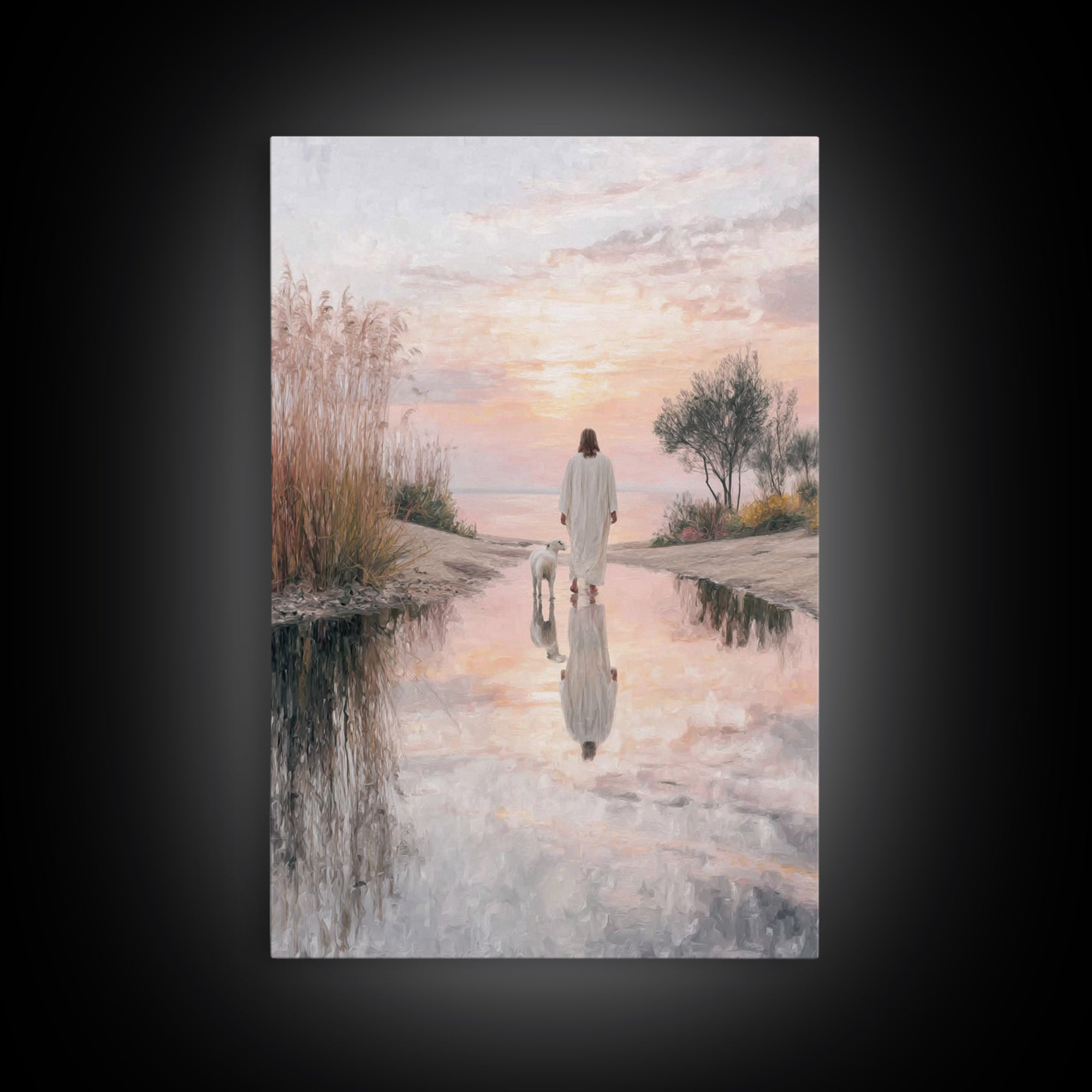 Moonlit Shepherd Road – Framed Canvas Print – Jesus Painting – Christian Art Canvas – Christian Wall Art – Christian Christmas Art – Large