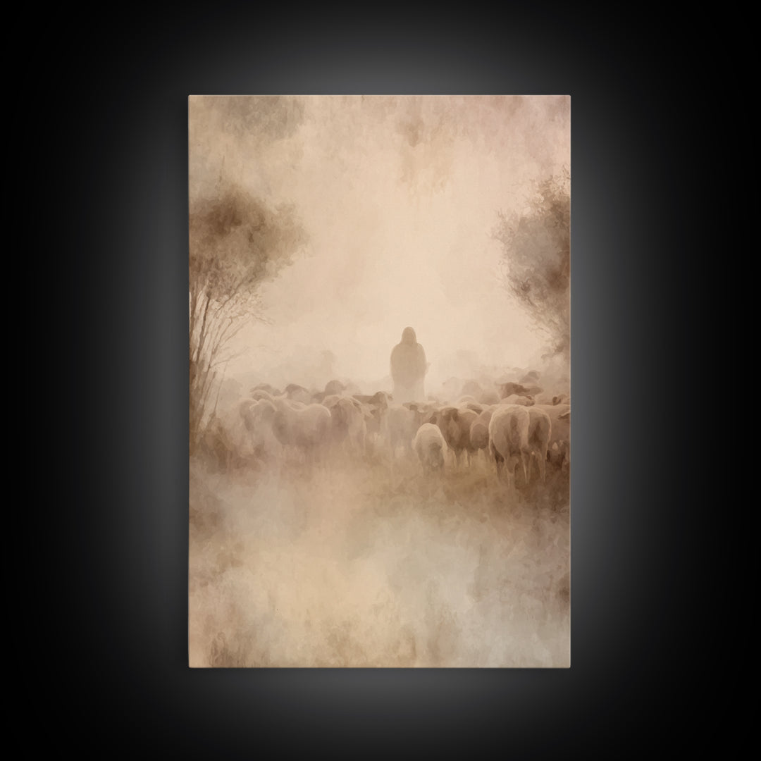 Shepherd’s Dawn – Framed Canvas Print – Christian Wall Art – Jesus Painting – Christian Art Canvas – Pastoral Scenery – Christian Christmas