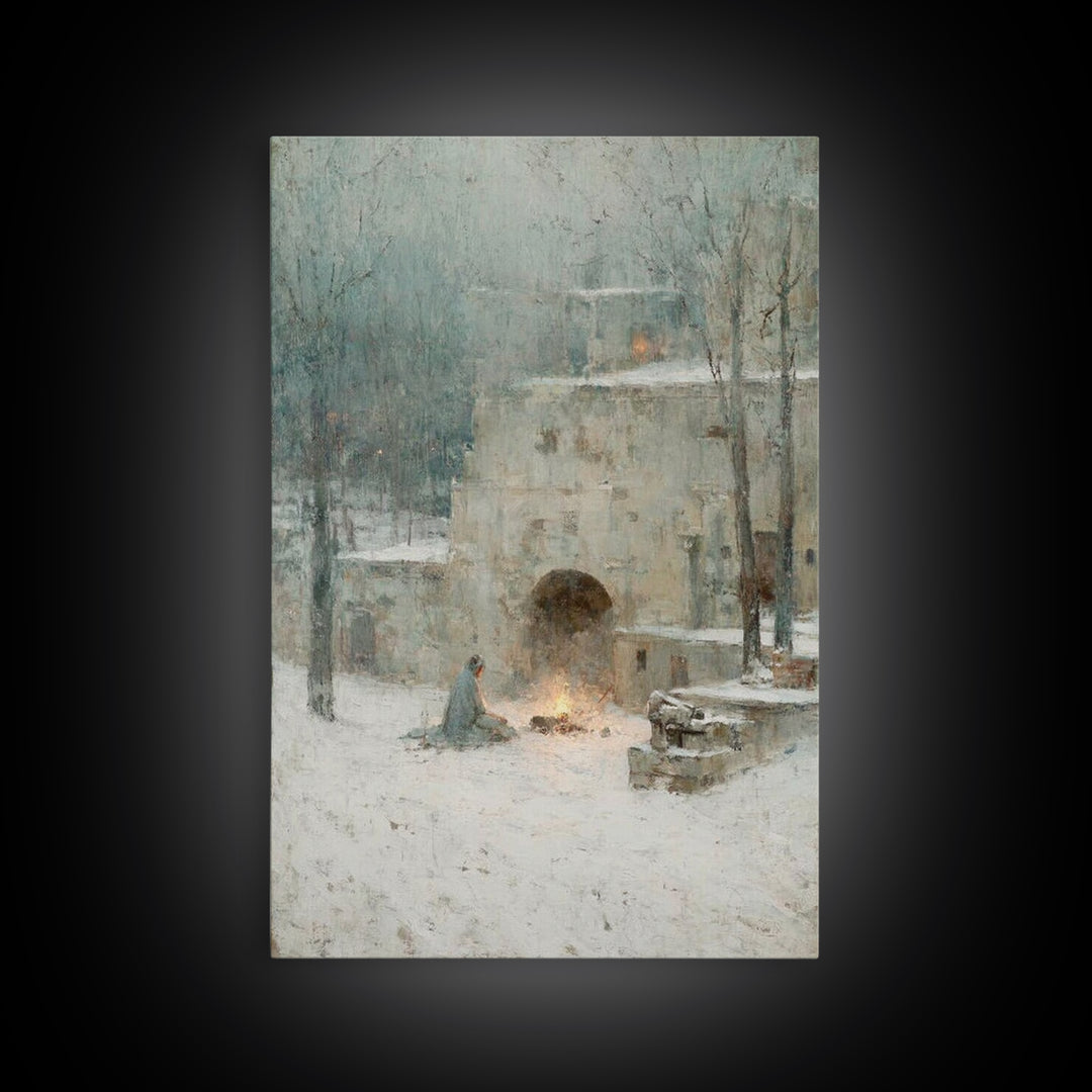 Warm Vigil Night – Framed Canvas Print – Christian Art – Christmas Art – Moody Christmas Art – Christian Wall Art – Christian Art Gift