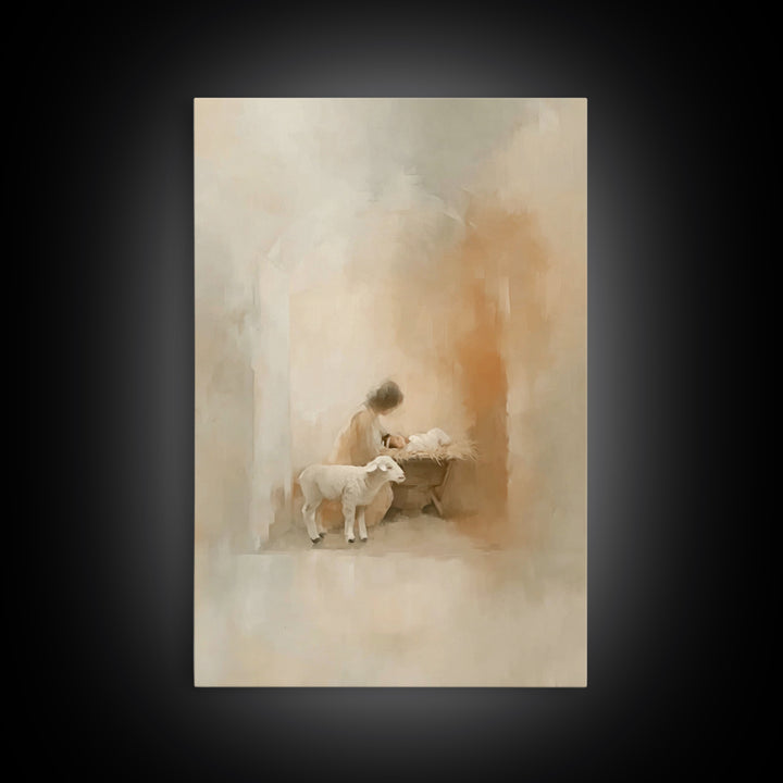 Blessed Manger Scene | Framed Canvas Print | Christian Art Print | Christian Christmas Decorations | Jesus Christmas Art | Christian Painti