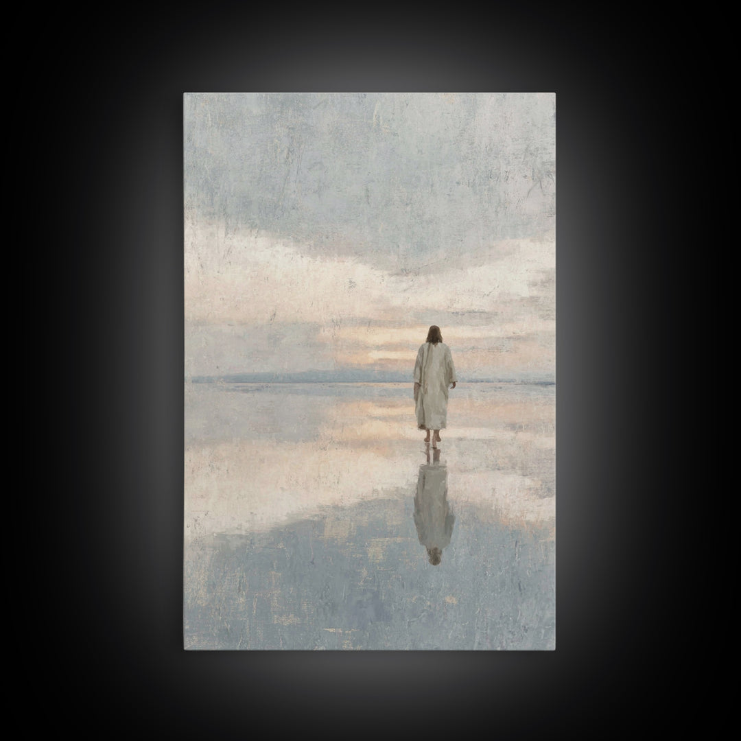 Quiet Water Crossing, Framed Canvas Print, Christian Wall Art, Jesus Painting, Christian Art Canvas, Christian Christmas Art, Christian Dec