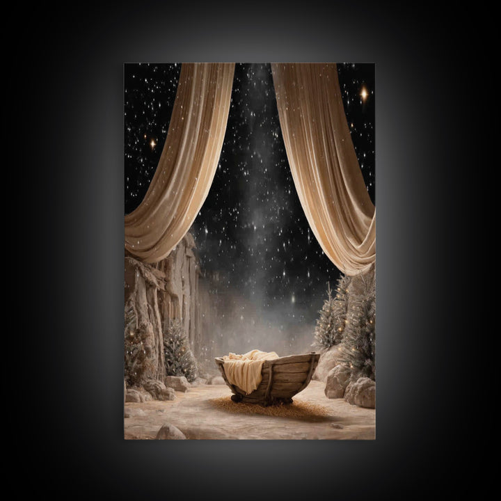 Starry Night Cradle | Framed Canvas Print | Christmas Wall Art | Christian Christmas Art | Christmas Canvas Wall Art | Framed Christmas Art