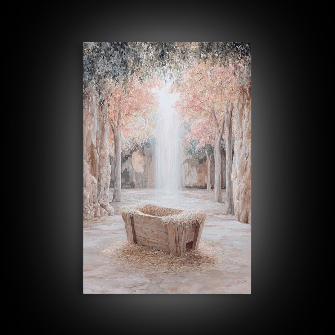 Garden Manger Glow, Framed Canvas Print, Christian Wall Art, Christian Art Canvas, Christmas Art Prints, Modern Christian Art, Christian Ch