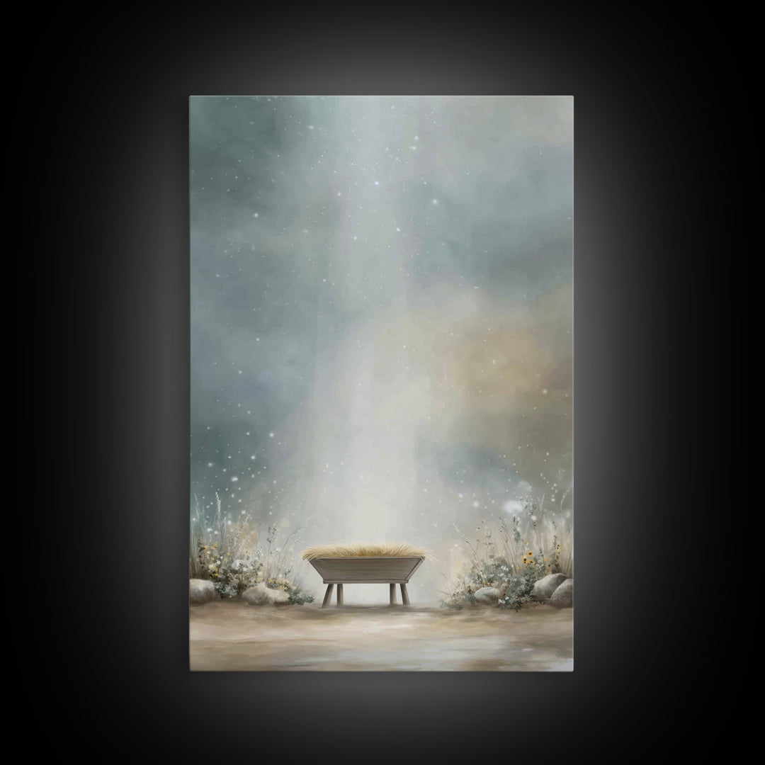 Heaven’s Gentle Cradle – Framed Canvas Print – Christmas Wall Art – Christian Christmas Art – Christian Art Canvas – White Christmas Art –