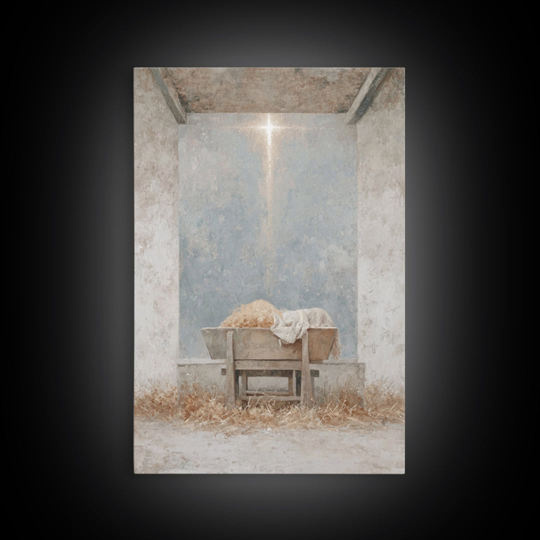 Humble Cradle Light, Framed Canvas Print, Christian Art Canvas, Christmas Wall Art, Subtle Christian Art, Christian Christmas Art, Modern C