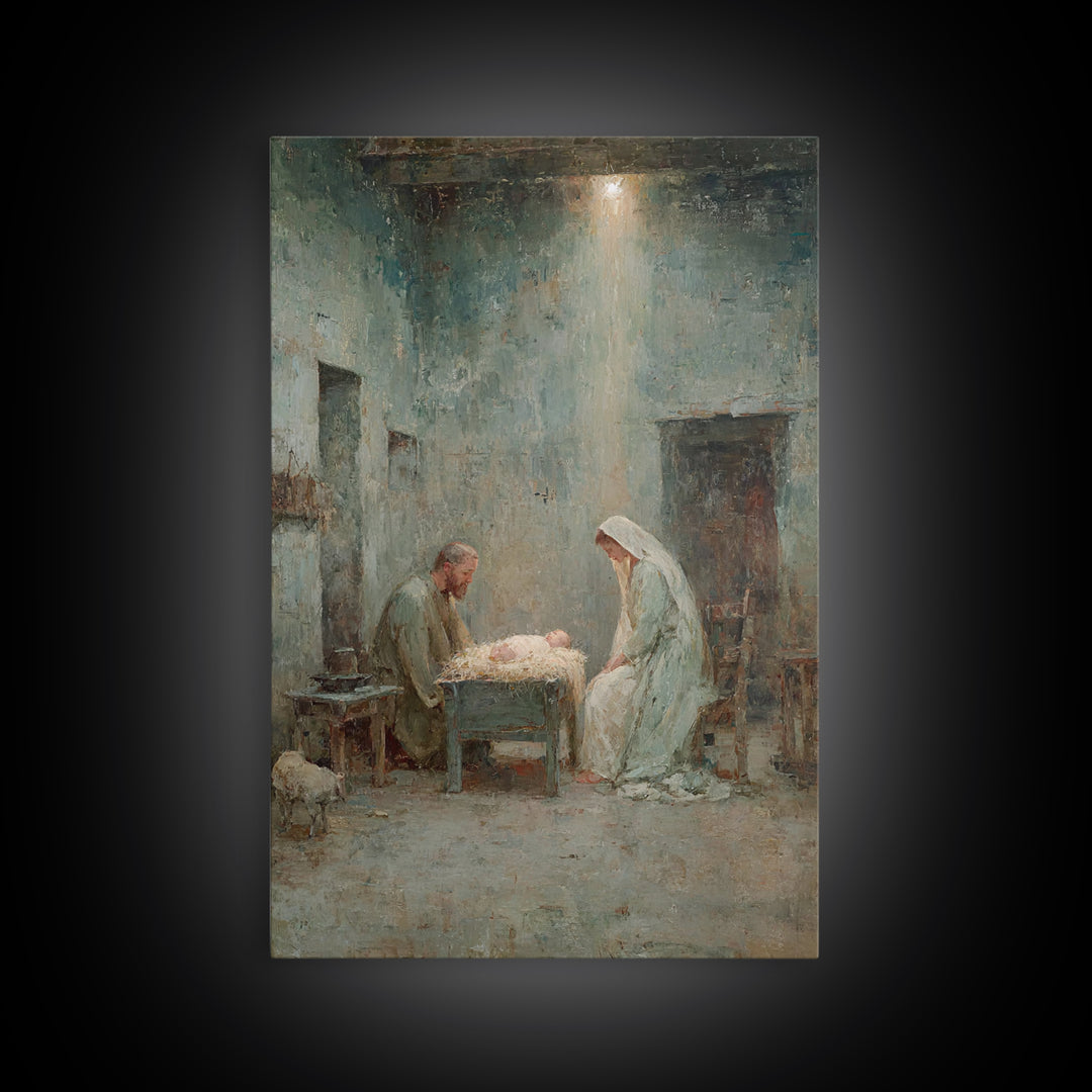 Holy Night Family – Framed Canvas Print – Christian Christmas Art – Christian Wall Art – Birth Of Jesus Painting – Christmas Art Prints – C