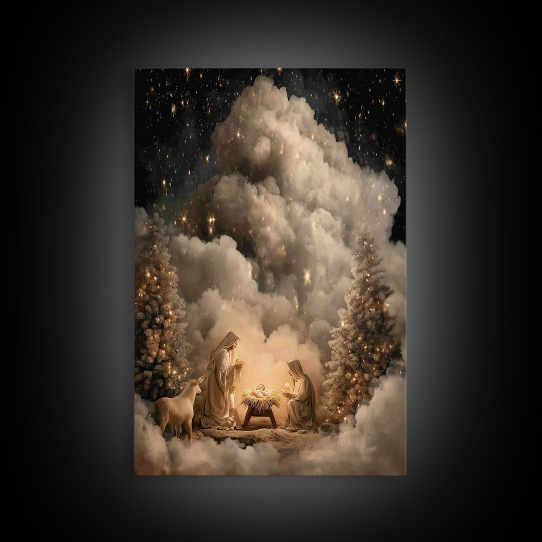 Heavenly Nativity Glow | Framed Canvas Print | Christian Wall Art | Christian Art Canvas | Christmas Art | Christian Christmas Art | Christ