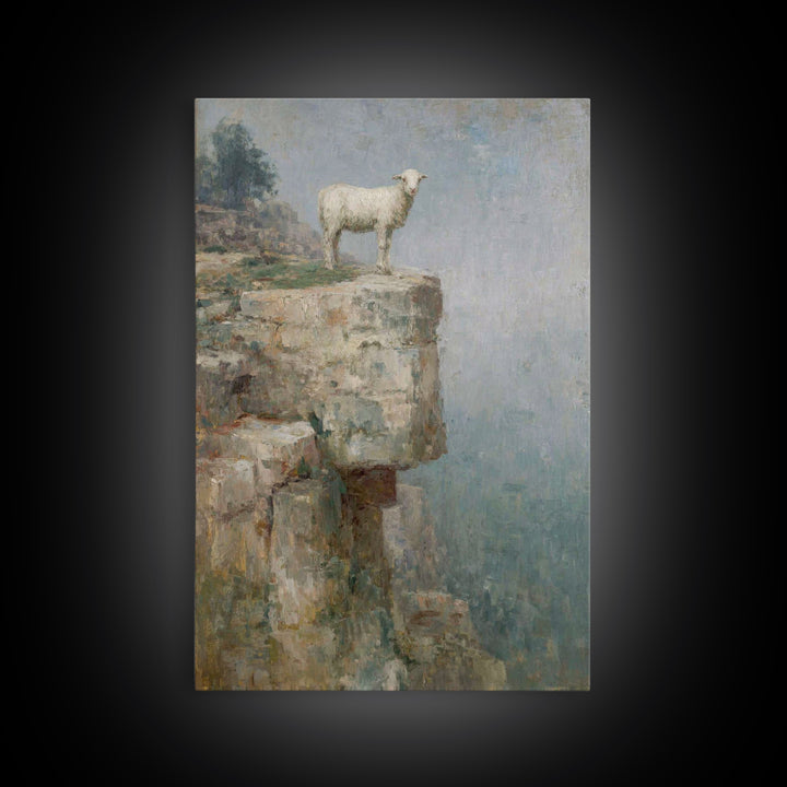 Lone Cliff Lamb – Framed Canvas Print – Christian Wall Art – Christian Art Canvas – Pastoral Scenery – Christian Art Print – Subtle Christi