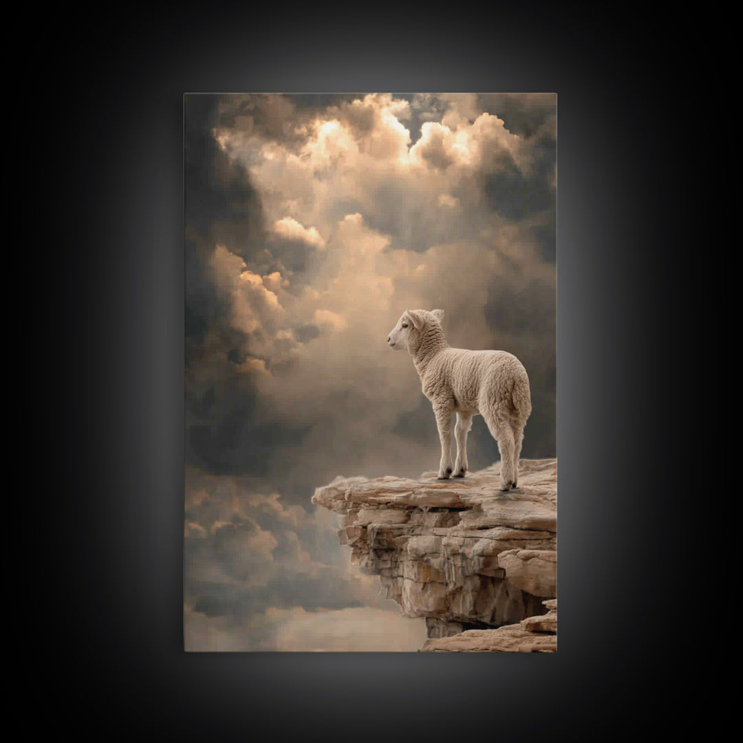 Quiet Summit Lamb, Framed Canvas Print, Christian Wall Art, Christian Art Canvas, Minimalist Christian Art, Christian Decor, Pastoral Scene