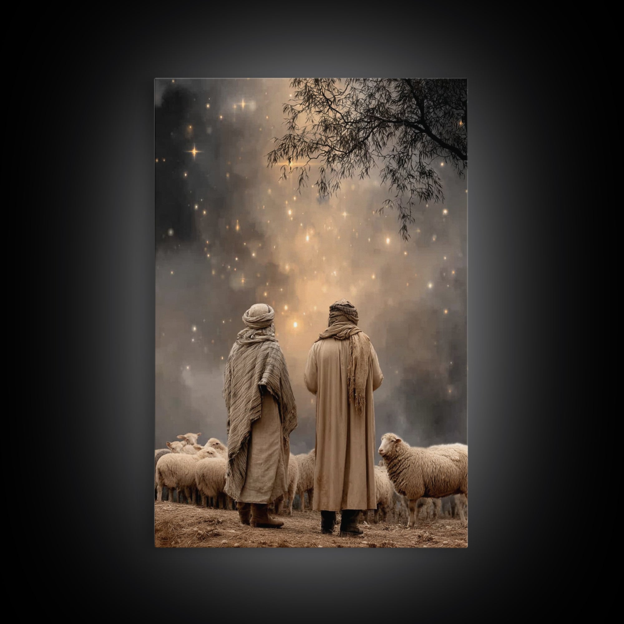 Starry Flock Night – Framed Canvas Print – Christian Christmas Art – Christian Wall Art – Christian Art Canvas – Christmas Art – Christian