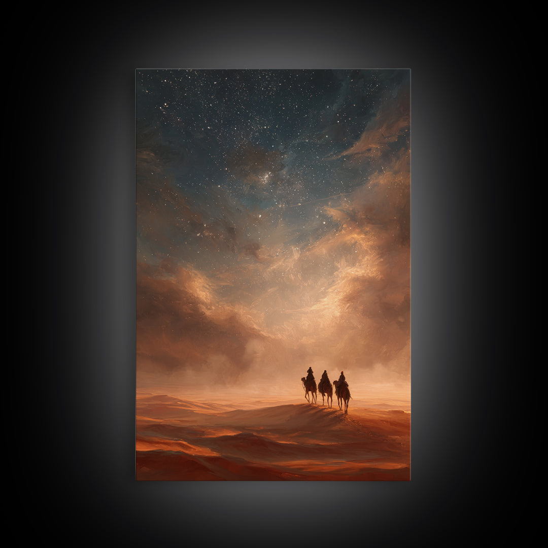 Moonlit Caravan, Framed Canvas Print, Christian Wall Art, Christian Art Print, Christmas Art, Christian Christmas Art, Jesus Painting