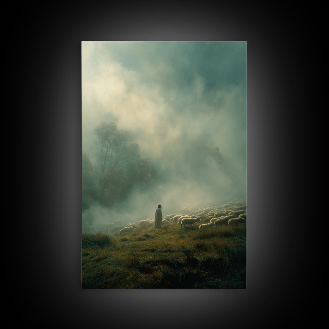 Guiding Shepherd – Framed Canvas Print – Christian Wall Art – Christian Art Canvas – Jesus Painting – Pastoral Scenery – Moody Christian Ar