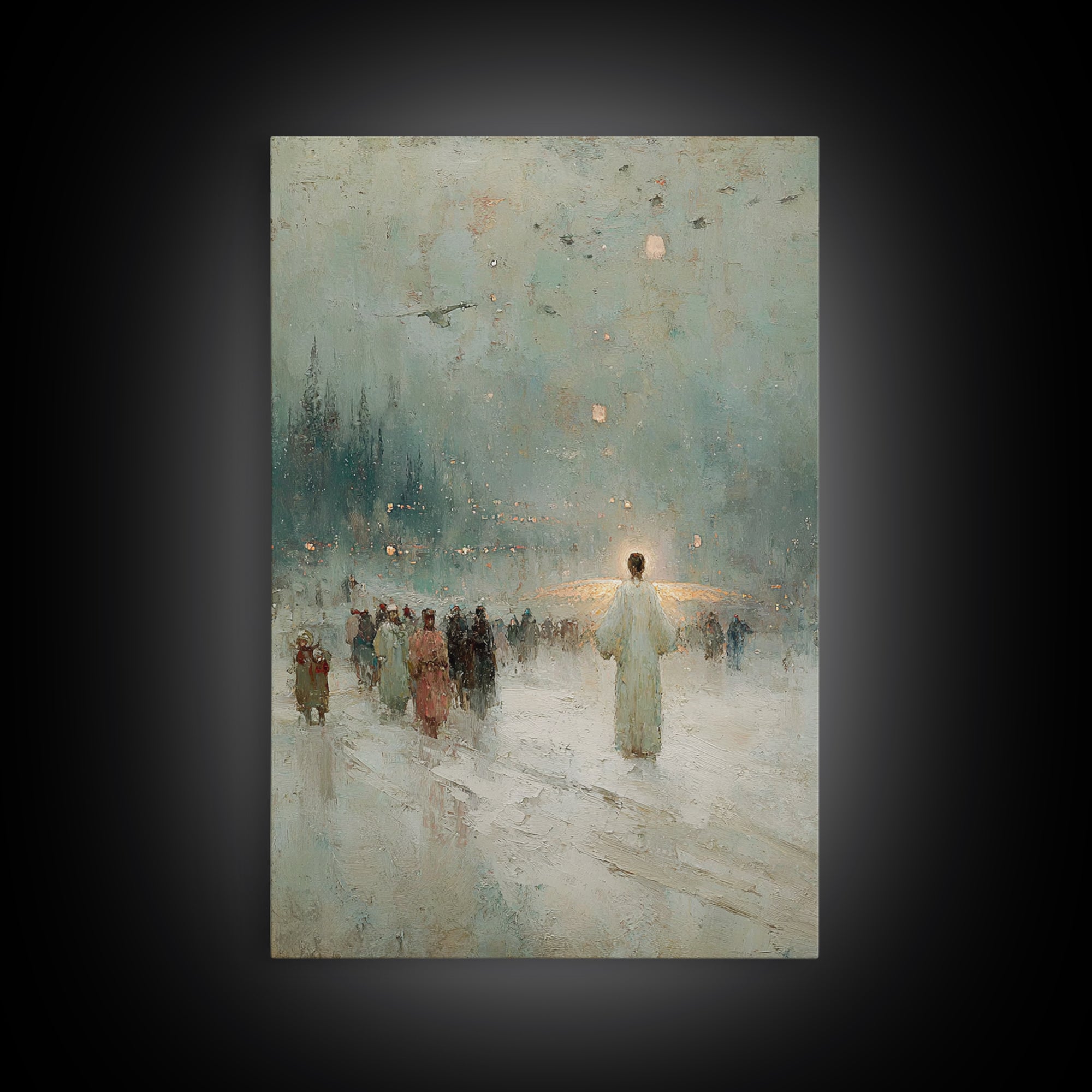 Silent Gathering Grace – Framed Canvas Print – Christian Christmas Art – Christian Wall Art – Moody Christmas Art – Christian Art Canvas –